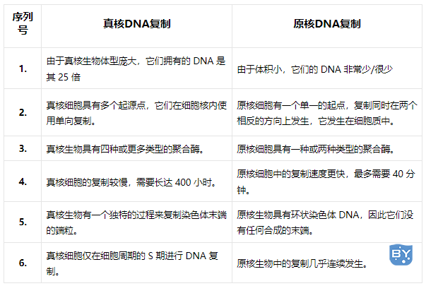 　　真核生物和原核生物中DNA复制的差异