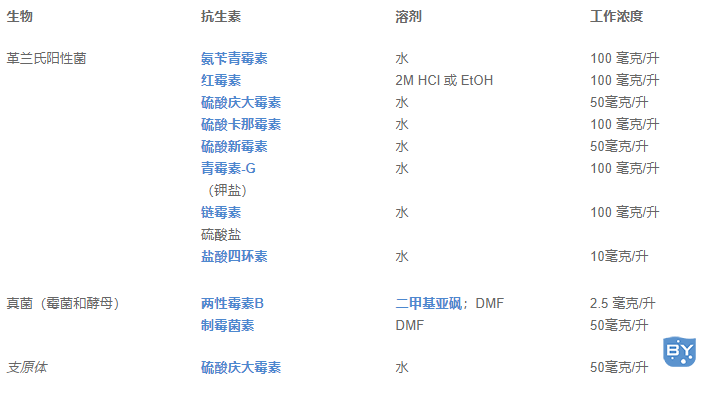 常用于处理受污染细胞培养物的抗生素