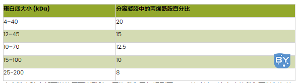 表 2。使用 8–20% 丙烯酰胺制备 SDS-PAGE 凝胶时可以分辨哪些蛋白质大小的总结。